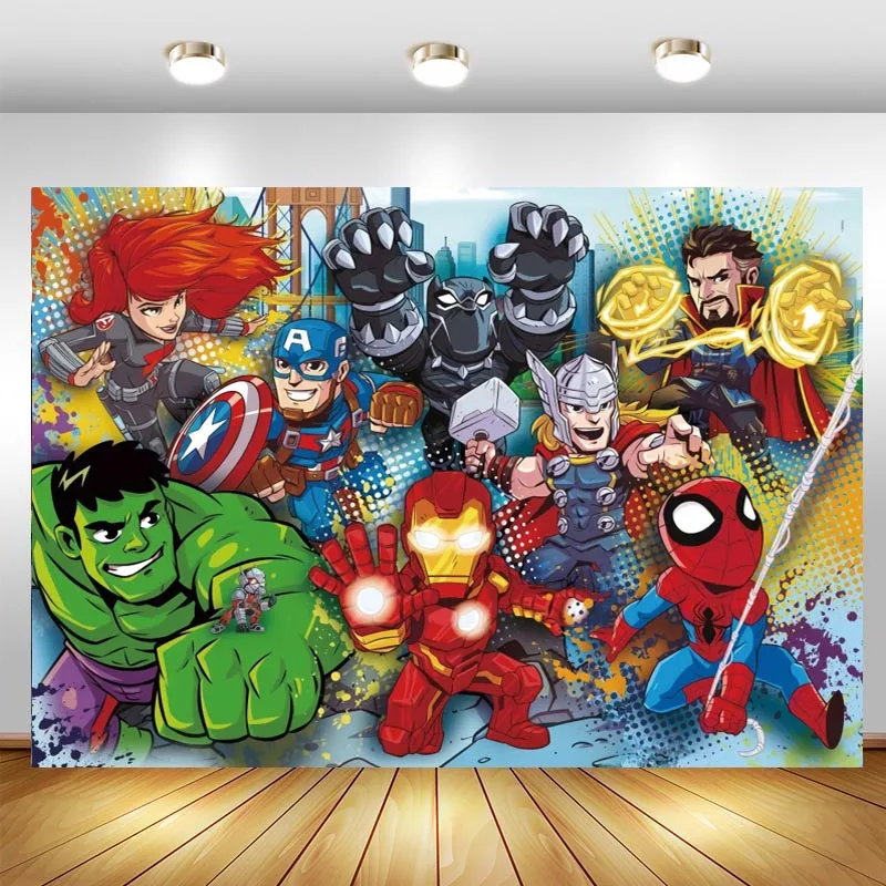 

Superhero Avengers Backdrop Spiderman Hulk Boy Birthday Party Photography Background Baby Shower Photo Booth Studio Props Banner