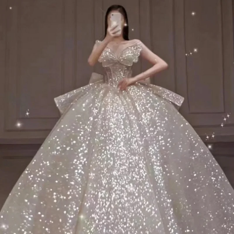 

Свадебное платье во французском стиле, новинка 2023, летние белые роскошные и элегантные вечерние свадебные платья с большим хвостом