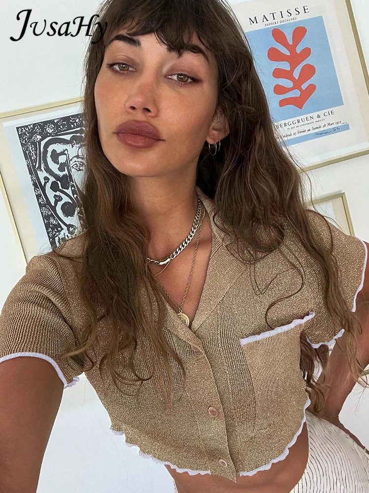 

JusaHy Women New Y2K Lapel Hollow Out Lace See-through Knitted T-Shirt Long Sleeve Sexy Sweet Gothic Style Skinny Chic Tops 2023