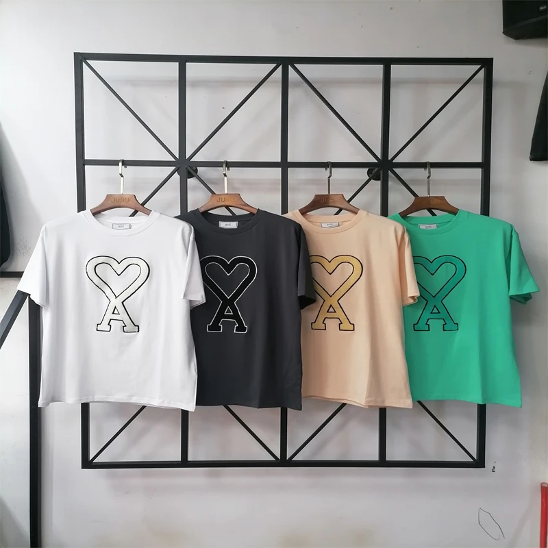 

2022 Summer New AMI Alexandre Matiussi Hearts A Love Embroidered Simple Masculine Fashion Short Sleeve T-Shirt