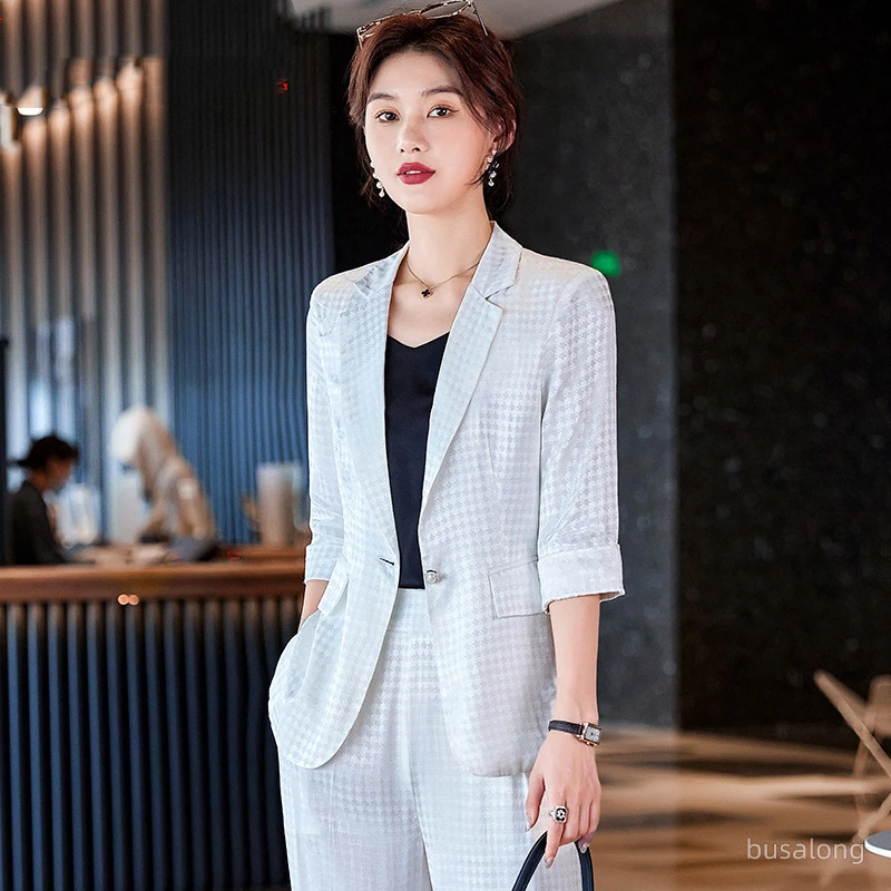 Women Office White Black Suit Two Piece Pantsuit Elegant Plaid Blazer Female Set Business Casual Loose Pants Jacket Work Clothes