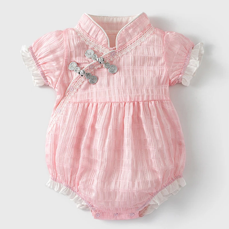 

Infant Baby Girls Jumpsuit Short Sleeve Cotton Splicing Baby Girls Clothes Lovely Princess Style Baby Girl Bodysuits For Summer