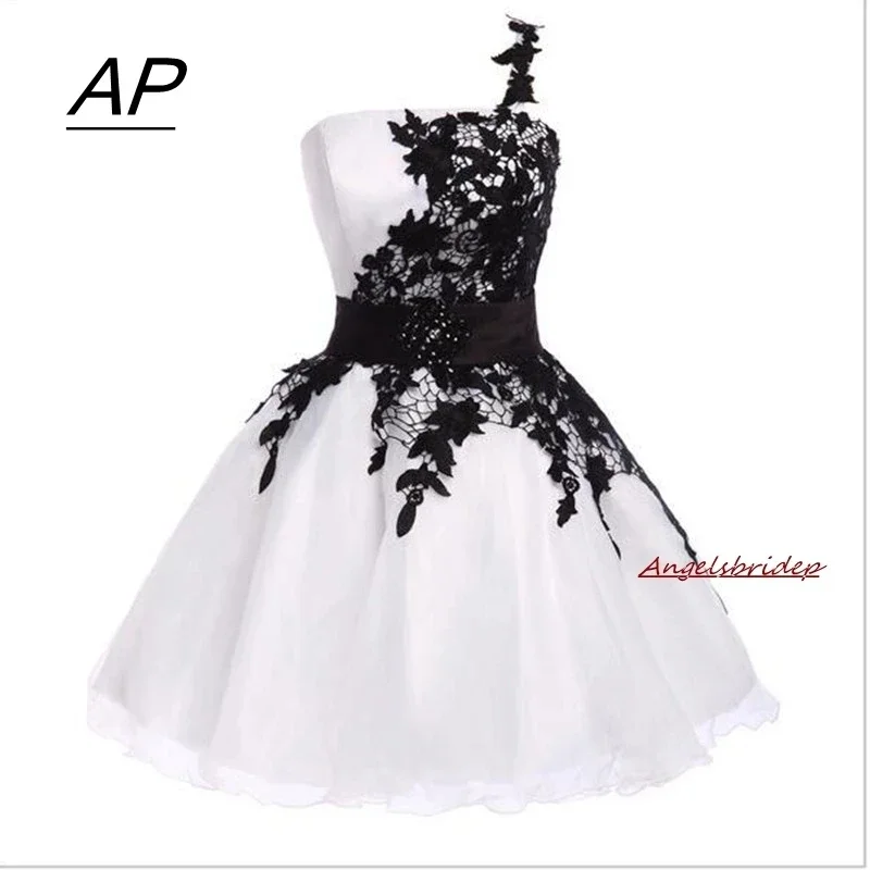 

Romantic Summer Homecoming Dresses One Shoulder Black Lace Vestido De Festa Short Graduation Vestidos Real Photo