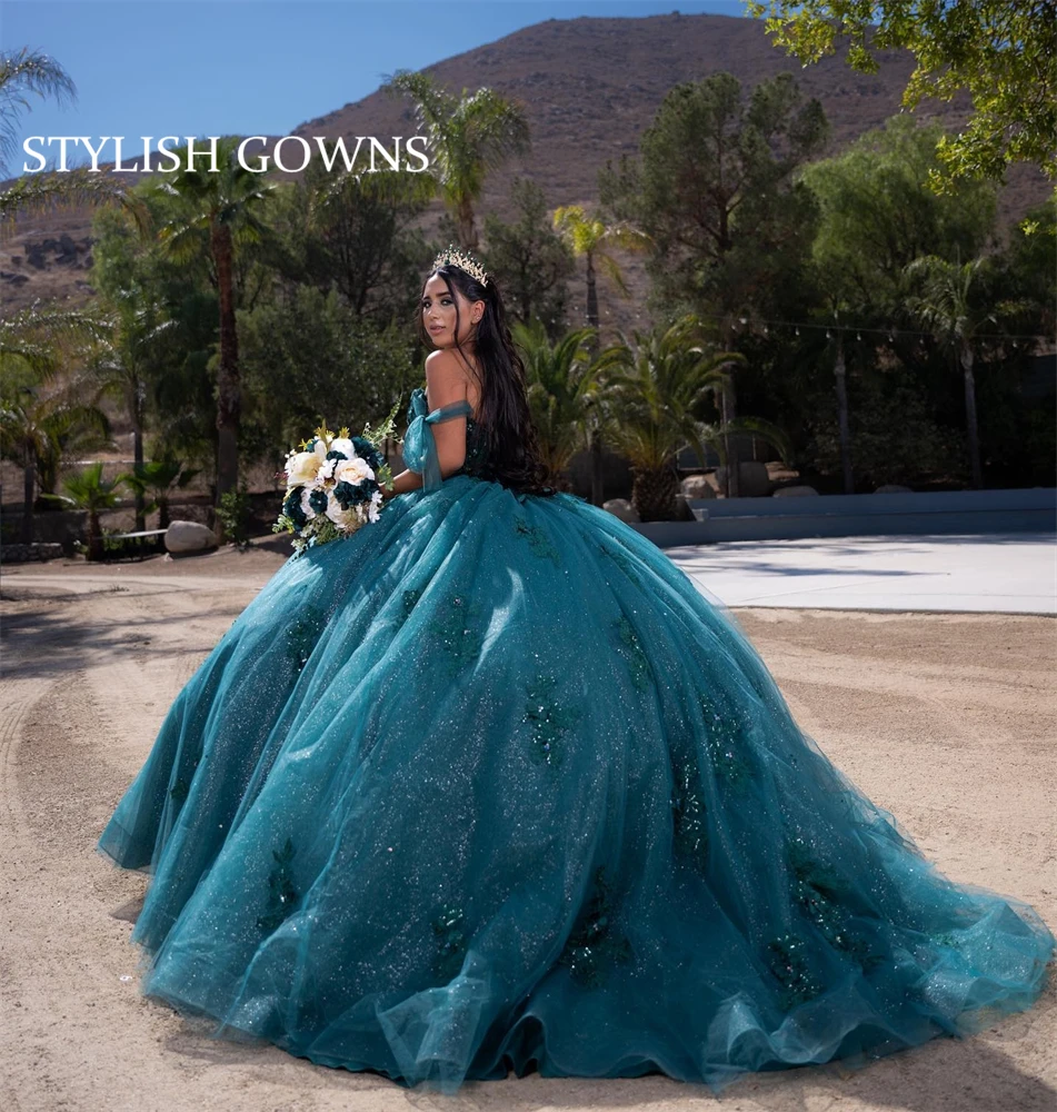 

Dark Green Off The Shoulder Ball Gown Quinceanera Dress Beaded Appliques Birthday Prom Dresses Bow Graduation Vestido De 15 Anos