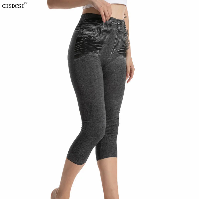 

CHSDCSI Push Up Legging Gym Yoga Pants Faux Jeans Pockets Workout Capris Sport Leggins Women Stretchy High Waist Gray Blue