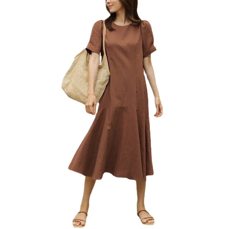 

2023 Women's Summer Solid Cotton Hemp Medium Length Dress Female Bubble Sleeve Solid Loose Large Dress