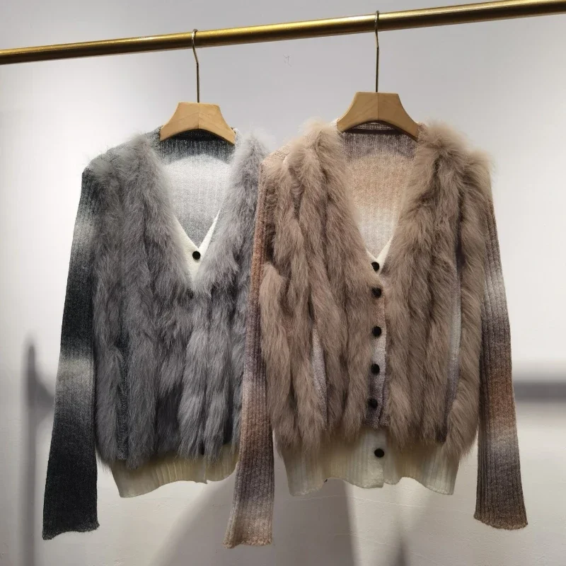 Женский вязаный кардиган из натурального Лисьего меха демисезонный оверсайз с