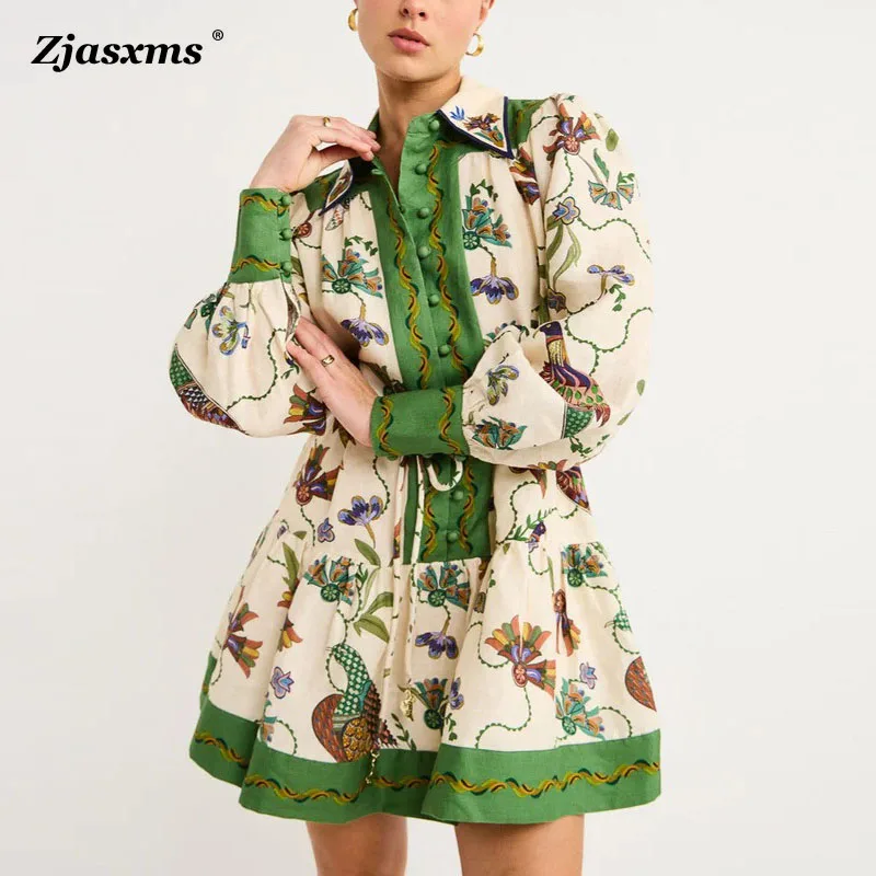 

Women Print Lapel Lace-up Party Dress New Autumn Winter Long-Sleeved Loose Mini Dress Female Casual Single-Breasted A Line Dress