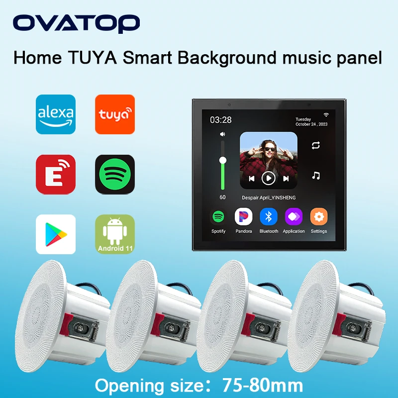 Фото Умная аудиосистема TUYA для дома, настенный усилитель звука, система Android 11, Bluetooth, Wi-Fi, усилитель со стереопотолочным динамиком, комплект для отеля №1