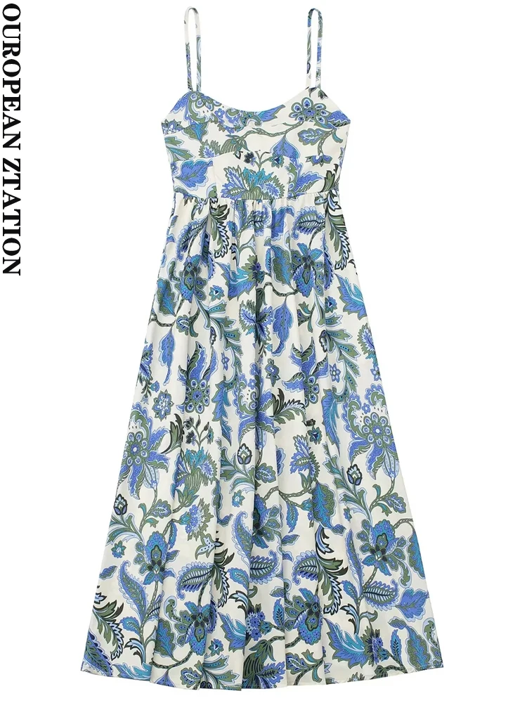 

PAILETE Women 2022 fashion printed midi dress vintage backless zipper thin straps female dresses vestidos