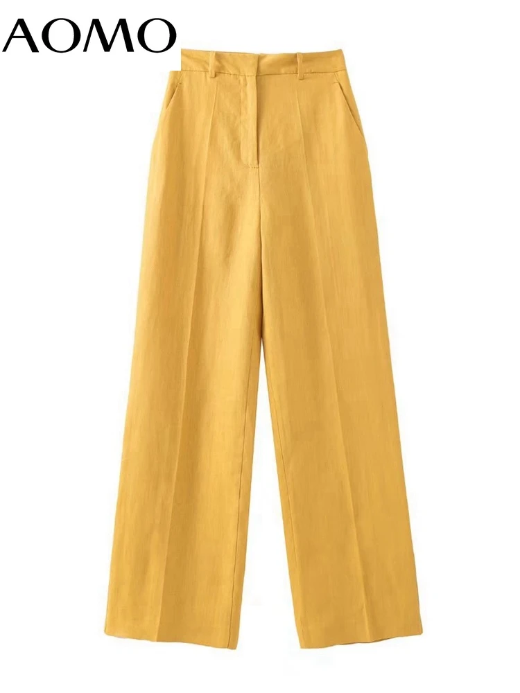 

AOMO 2022 Summer Women Yellow Cotton Pants Trousers Pockets Office Lady Elegant Business Pants 3H443A