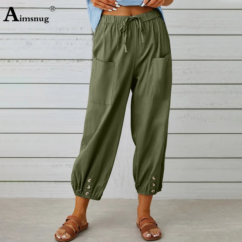 Aimsnug 2023 Female Stand Pocket Linen Pants Solid Drawstring Pant Loose Wide Leg Trouser Large Big 3xl Women Casual Sweatpants