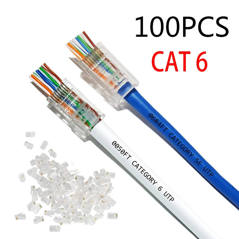 

50Pcs Cat5 Cat6 RJ45 Connector 8P8C Modular Crystal Head Network Cable Plug Network Modular Pass Through Connector Plugs 8P8C