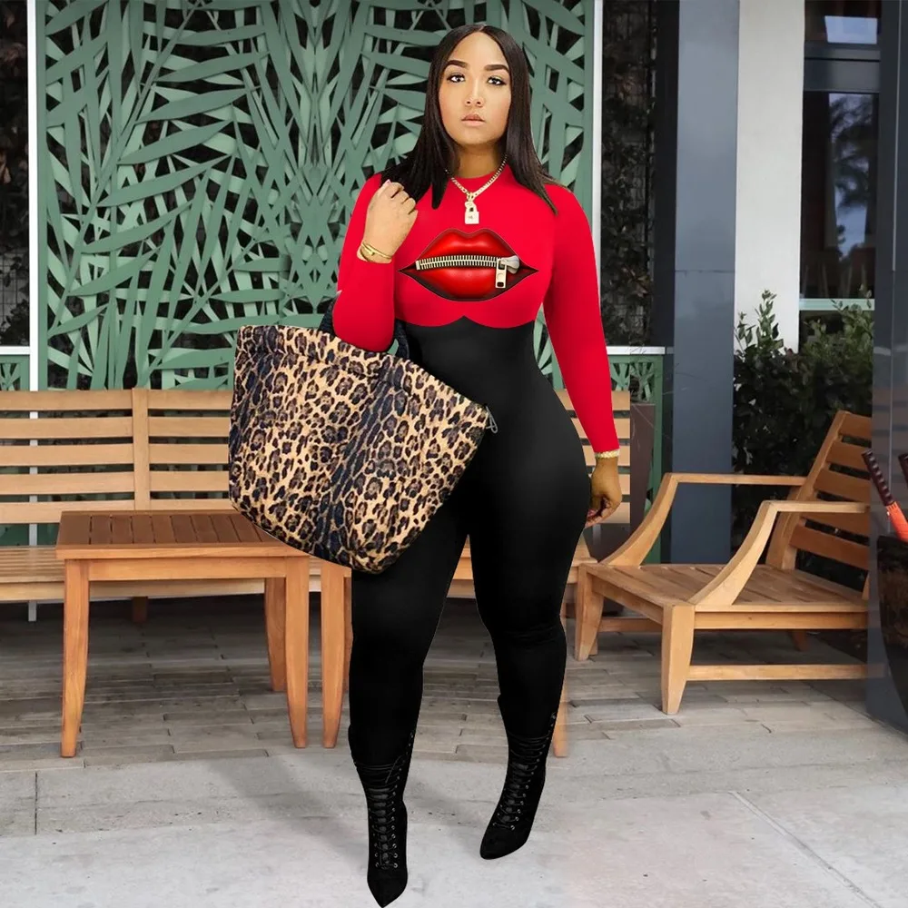 Oversized Long Sleeve Jumpsuit Rompers Ladies Fashion Printed Sexy Lip Turtleneck Bodysuit 2020 Fall Clothing for Women | Женская одежда
