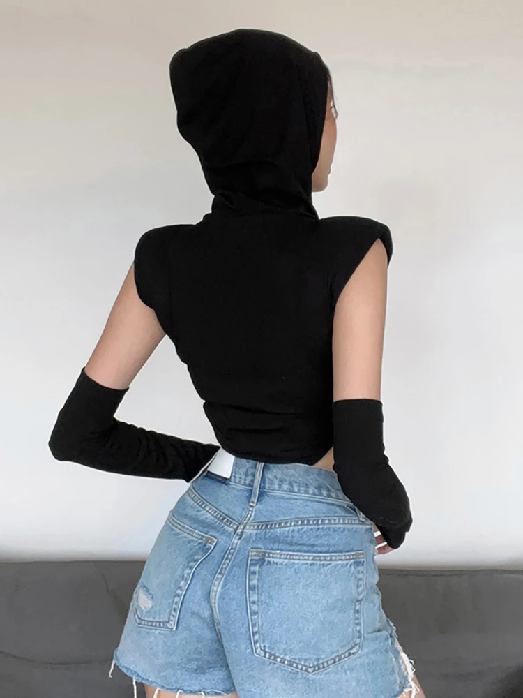 Goth Dark Techwear Y2k панк с капюшоном черные боди кибер Готический полый Bodycon топы