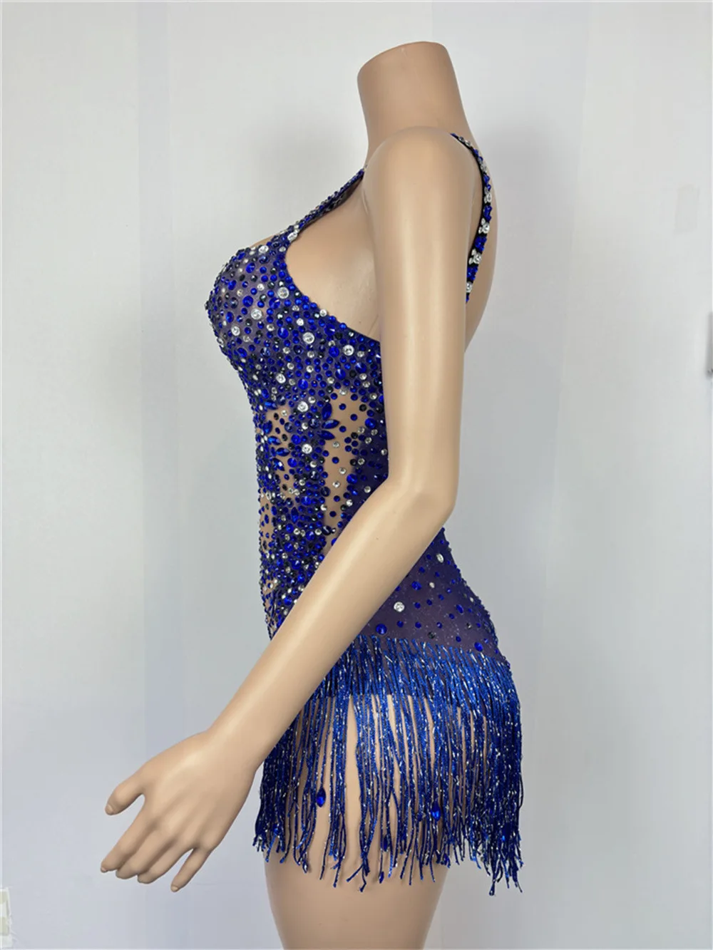 Синее боди с блестящими стразами и кисточками женское сексуальное сетчатое