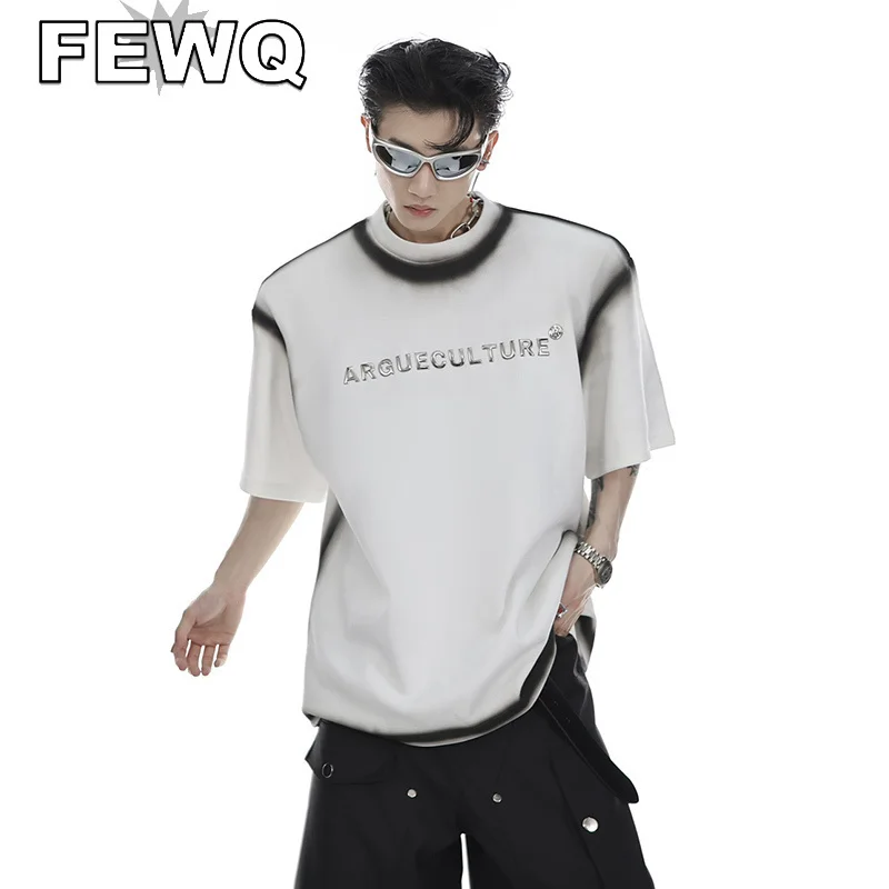 

FEWQ Niche Design Men's Short Sleeve T-shirt Gradient Color Three-dimensional Metal Printing Letter High Street Shoulder Pad Top