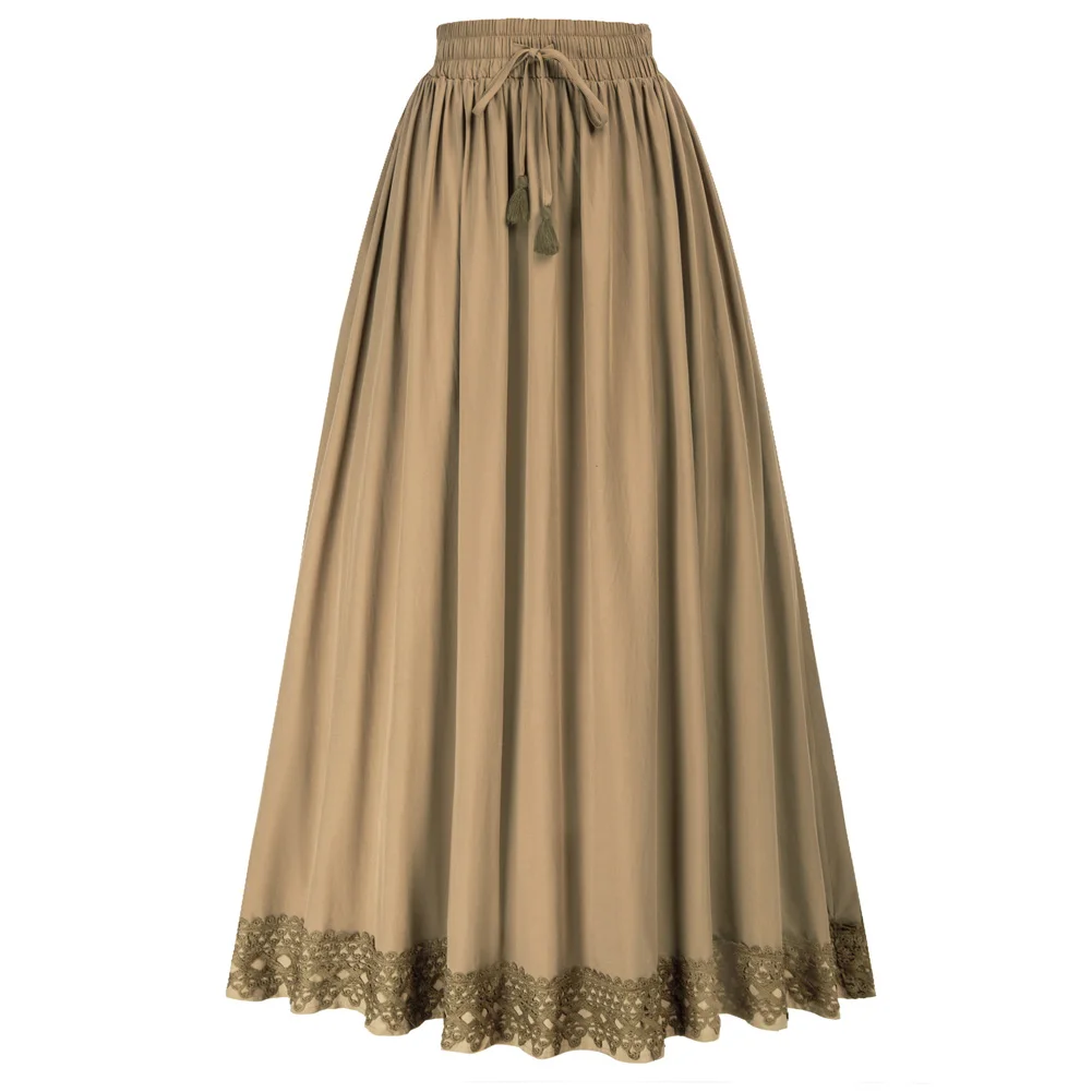 

SD Women Renaissance Maxi Skirt Elastic High Waist Lace Hem Swing Skirt Solid Vintage Ankle Length A Line Skirts With Pockets A2