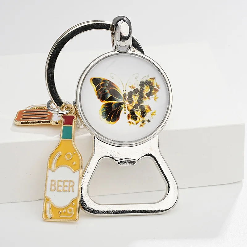 Брелок с кольцом для ключей, открывалка для пивных бутылок, брелок с изображением бабочки из сплава, металлические украшения, подарок
