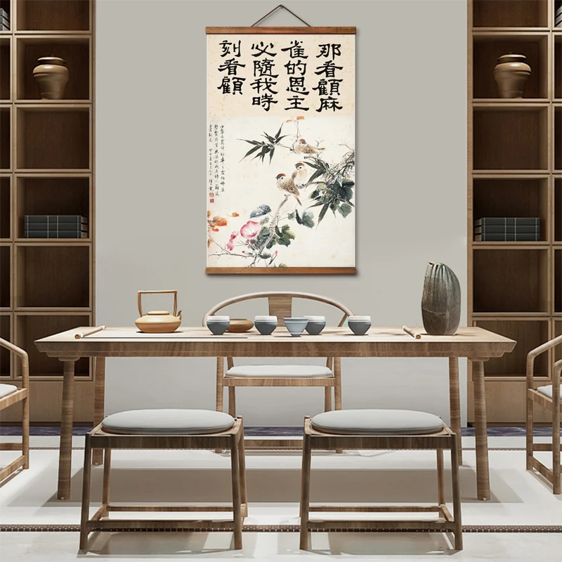

AS3101 Chinese Style Flower Bird Room Wall Art Canvas Posters Solid Wood Scroll Paintings