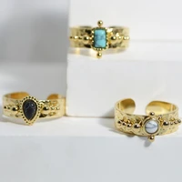 vintage bump texture stainless steel rings women wedding gifts inlaid water drop shaped black stone gold color luxury jewelry