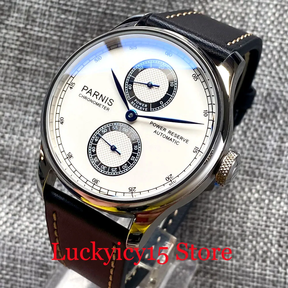 

New 43mm Parnis Automatic Men Watch ST 2542 White Dial Leather Band Mineral Glass Power Reserve Blue Hand 3ATM Fashion
