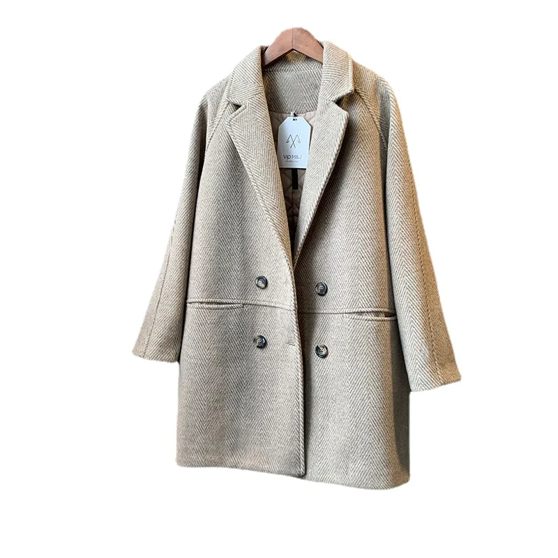 

Woolen Coat Women mid-length loose spring and autumn solid color Thickening Temperament commuting leisure double breasted pocket