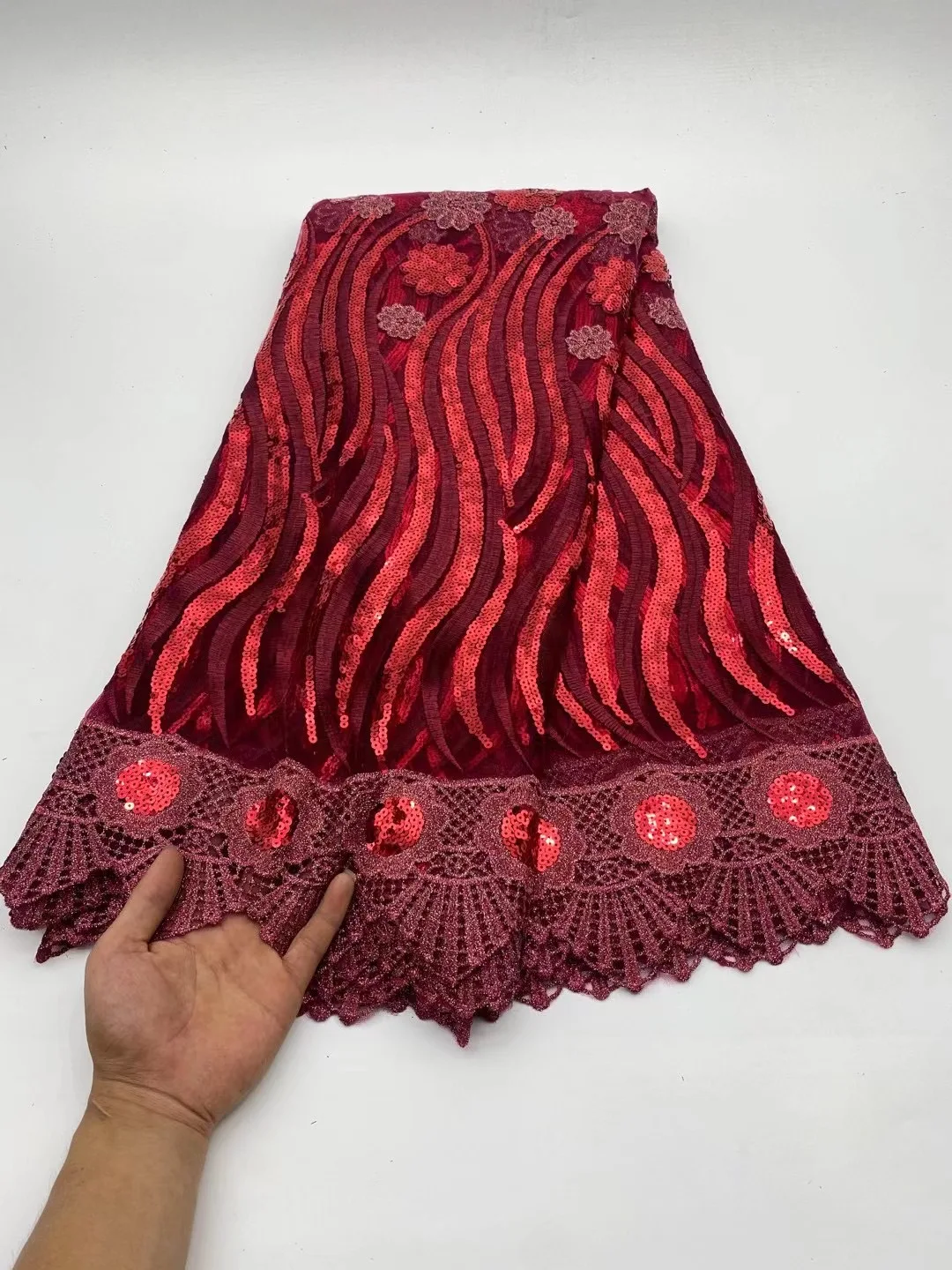 

African 2022 Latest Wine Red Guipure Cord 5 Yard Lace Fabric Nigeria High Quality Sequin Mesh Silk Fabric For Women Party Dress