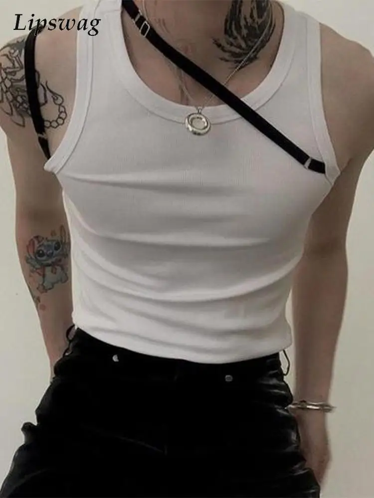 

New Fashion Elastic Belt Sleeveless Tank Tops Men Summer Casual Solid Cotton Vest Mens Sexy Slim Fit O Neck Pullovers Streetwear