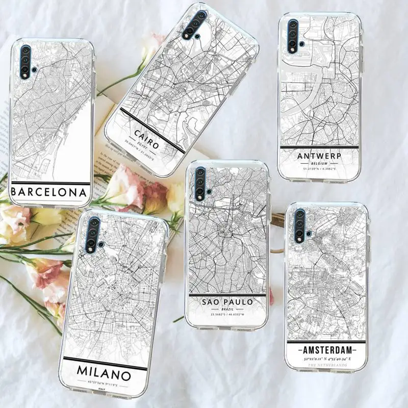 

London Country Sketch City Map Phone Case Transparent for Huawei honor P mate Y 20 30 40 10 8 5 6 7 9 i x c pro lite prime smart