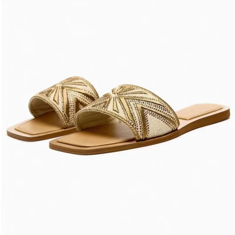 

Summer New One Line with Rhinestone Embroidered Flat Heel Daily Slippers Casual Versatile Large Flat Bottom Women's Sandals