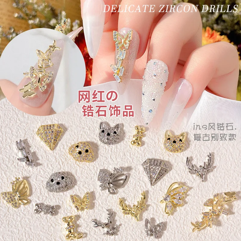 

3PCS New nail art zircon jewelry bow pearl pendant bear flower butterfly net red chain jewelry diamond