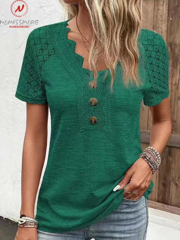 

Fashion Women Summer Solid Color T-Shirts Hollow Out Design Lace Button Decor See Through V-Neck Short Sleeve Slim Top