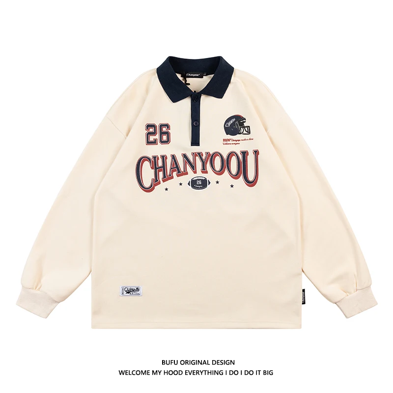 

American retro college style Polo Lapel sweater men's and women's loose fried Street European and American sweet cool coat