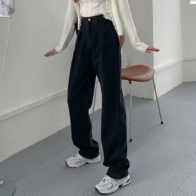 

Vintage Wide Legs Straight Jeans Women Black High Waist Oversized Denim Pants 2021 Spring New Casual Long Trousers Korean Style