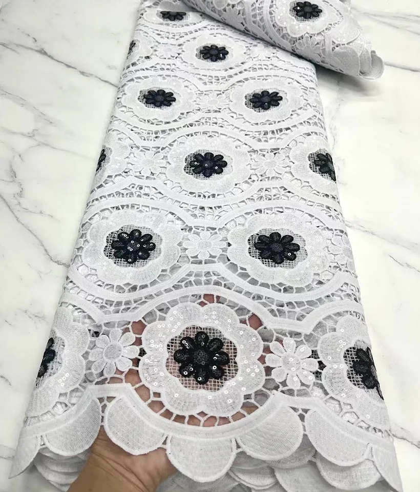 

White/Black African Sequins Lace Fabric Embroidery Nigerian Guipure Cord Lace Fabric 2022 High Quality For Party Dresses Sewing