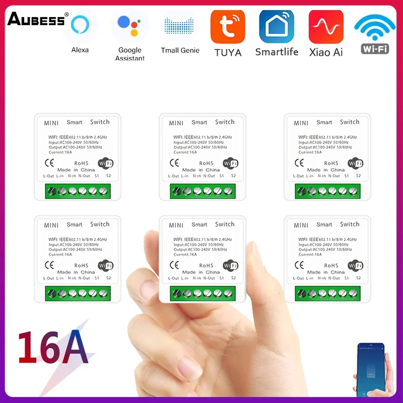 

16A Tuya Wifi Mini DIY Smart Switch Led Light Smart Life Breaker Module Supports 2 Way Relay Timer Work With Google Home Alexa