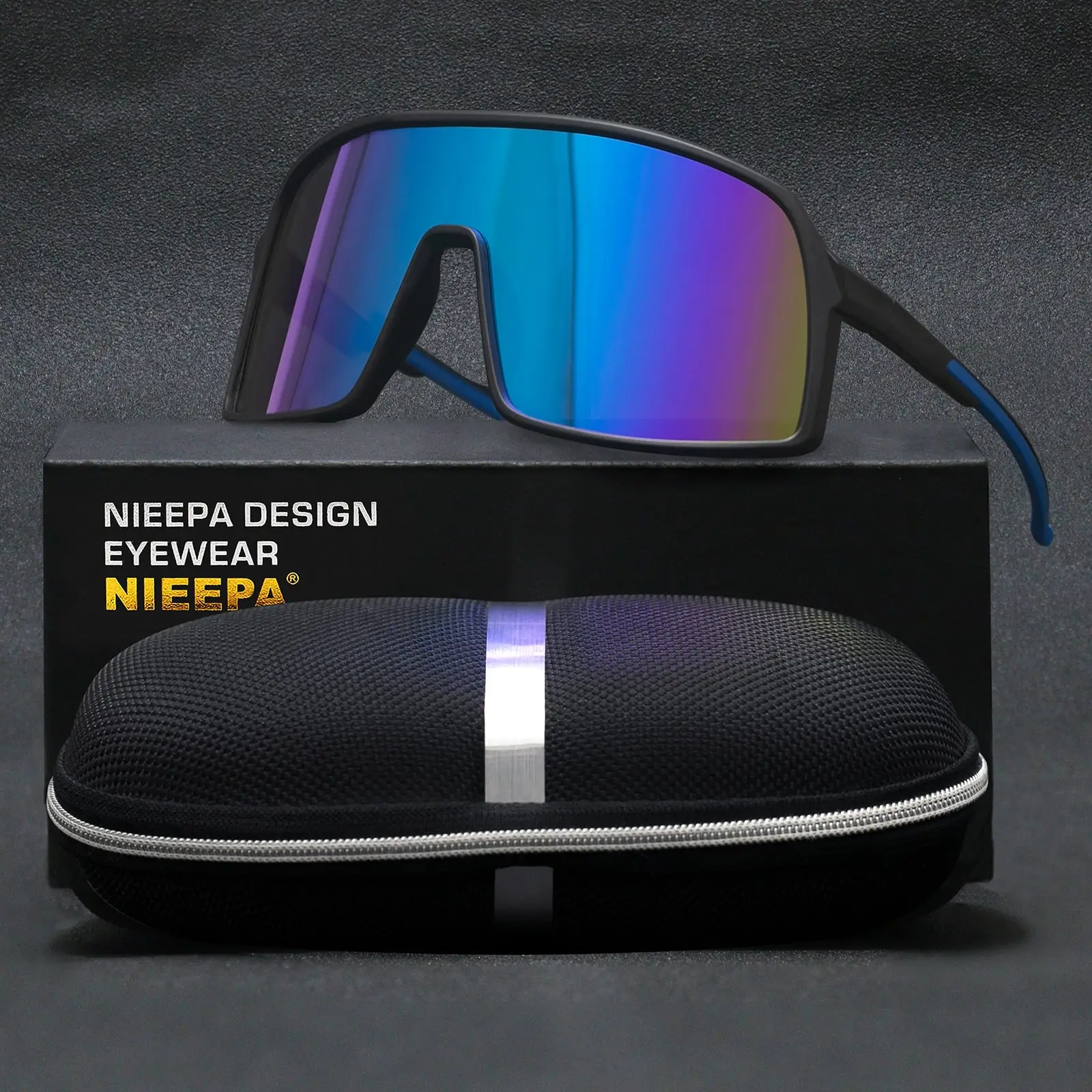 

NIEEPA TR90 Flat Top Ski Goggles Sun Glasses Women Men Sports Glasses Blue Frame Mirrored Lens Windproof Polarized Sunglasses
