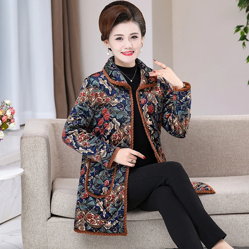 Aged Women Winter Quilted Coat Red Blue Green Floral Thermal Thick Padded Overcoat Warm Fleece Cosy Comfort Basic Coats 60s 70s