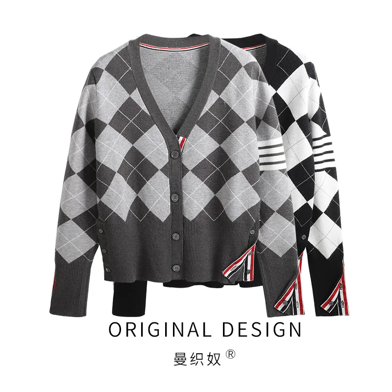 

High Quality New Color Block Diamond Sweater Cardigan Women's Korean Long Sleeve Sweater Short Tb Coat Top