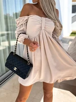 puff sleeve shirring mini plus size dress prom women summer sexy slash neck solid chic ladies elegant casual party backless