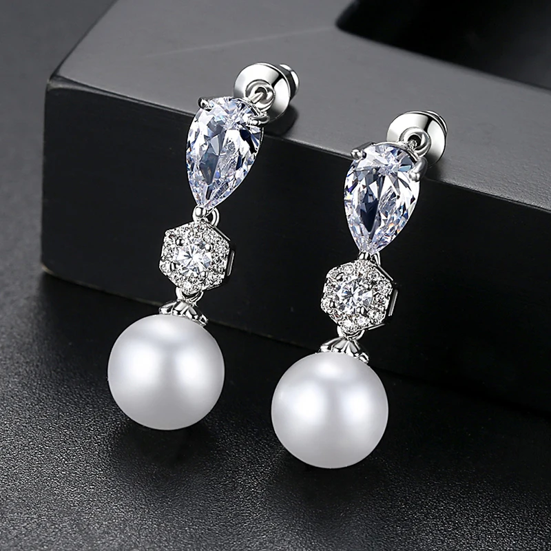 LUOTEEMI модные жемчужные висячие серьги с кристаллом CZ для женщин очаровательные