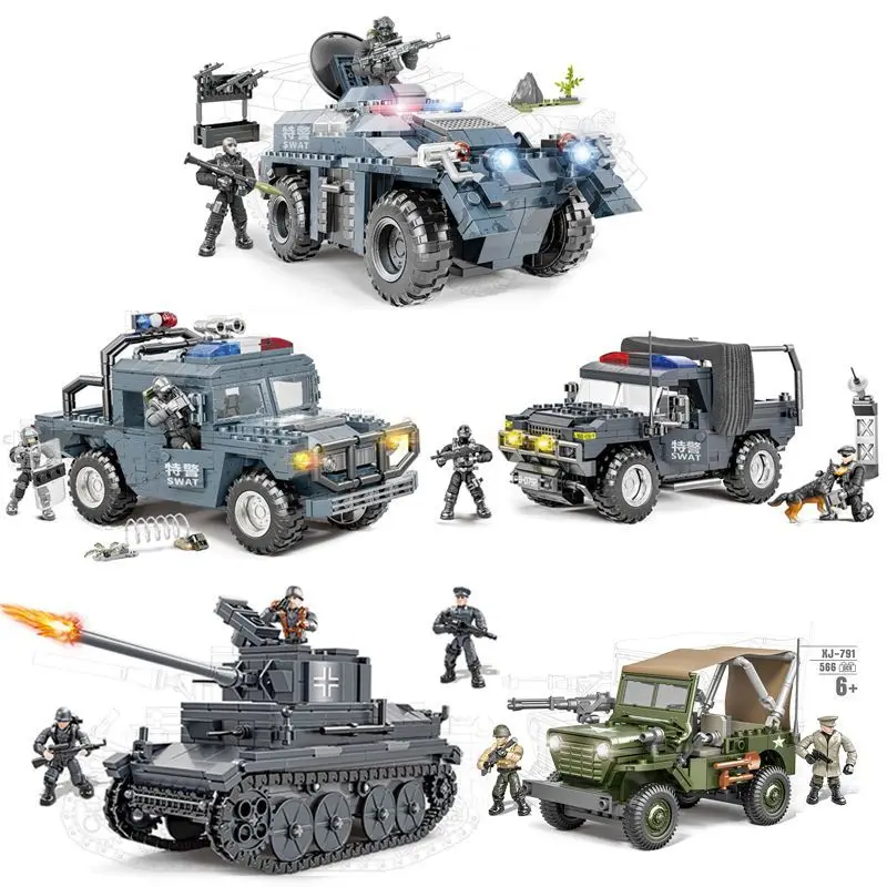 

City Police SWAT Truck Explosion-proof Armored Vehicle High-tech Tank War Soldier Mega Building Blocks Military Toys Children