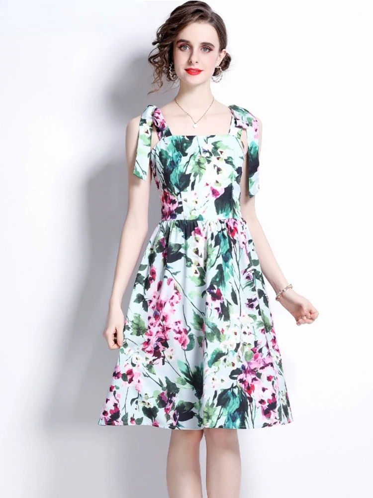 

2022 Summer Designer Fashion Bow Tie Sleeveless Beach Dress Women's Holiday Floral Print Vacation Elegant Mini Short Vestidos