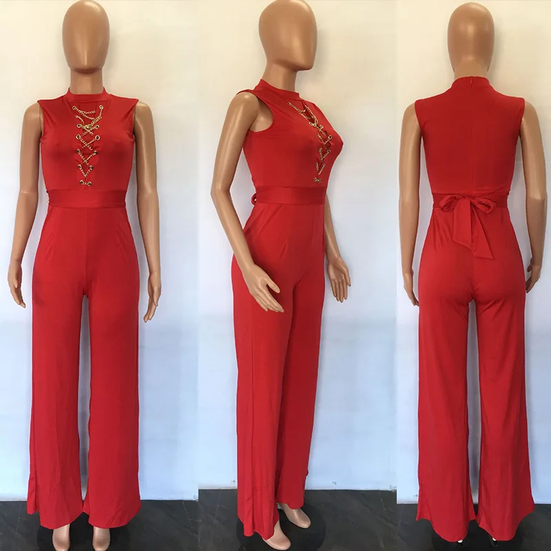 Solid Chain with Belt Casual Jumpsuit for Women Elegant Sleeveless Wide Leg Romper Streetwear Sporty Jogger Overalls Wholesales