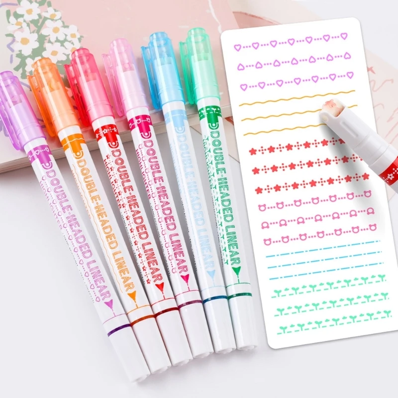 

6Pcs Colored Curve Pen for Note Taking,Dual Tip Markers with 6 Different Curve Shapes & 6 Colors Fine Line,Cool Pens