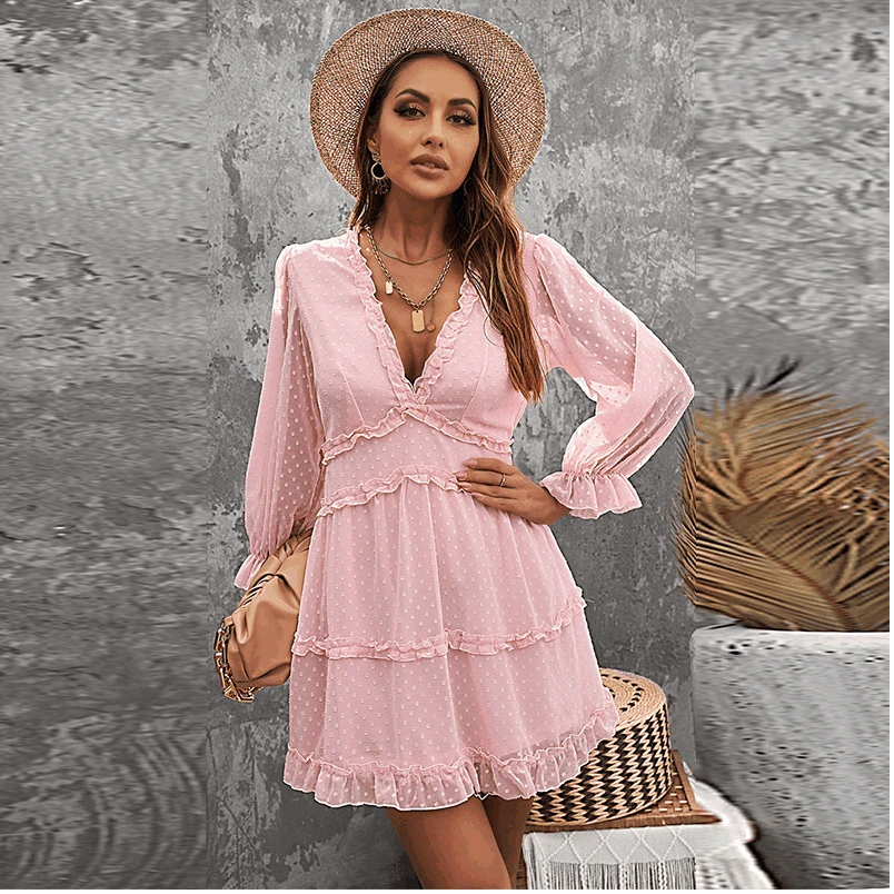 

Tiered Panelled Dress Layered Ruffled Open Back Puff Long Sleeve Swiss Dot Tier Panel Mini Womens Dress