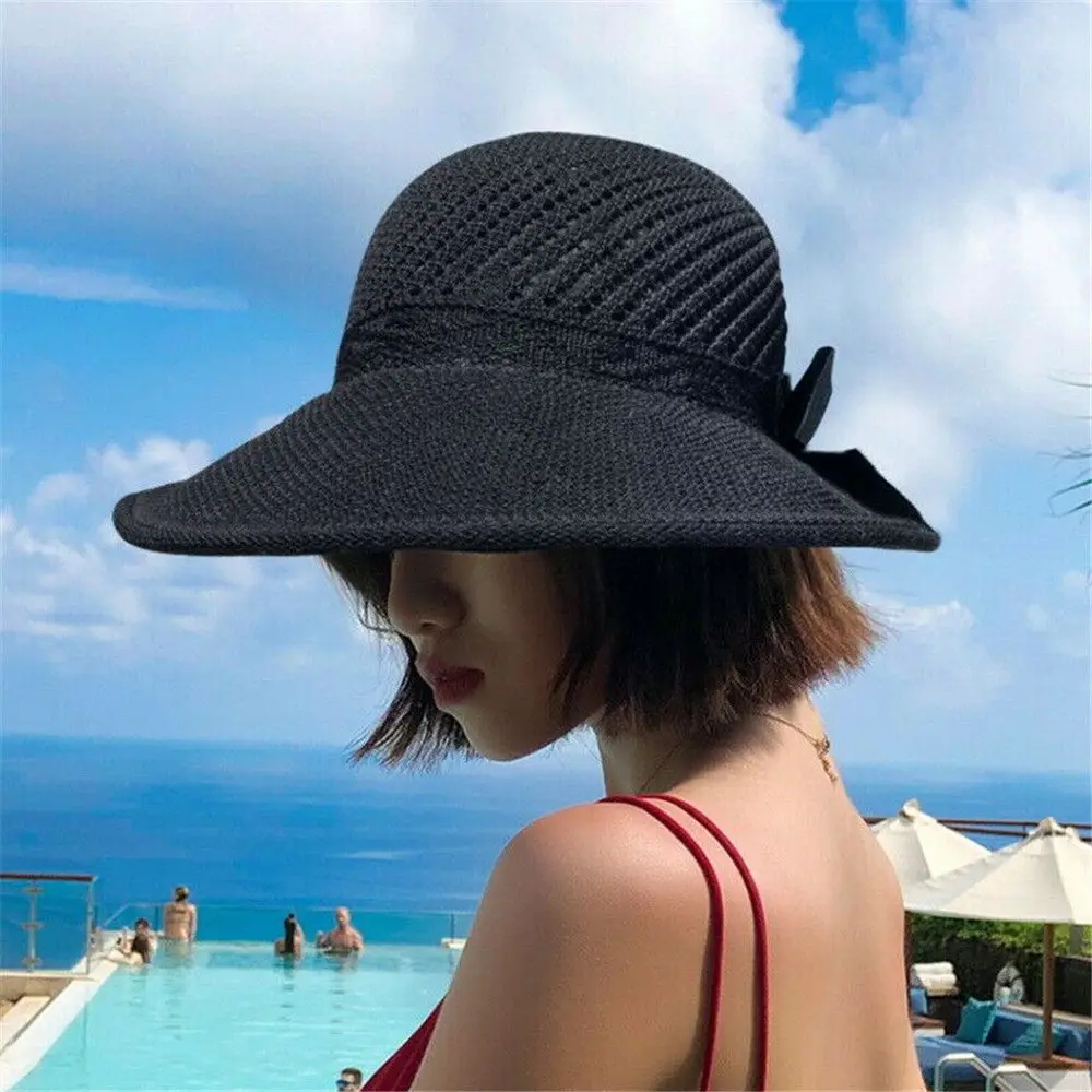 

Casual Wide Brim Bowknot Foldable Visors Beach Hat Sun Hat Straw Cap