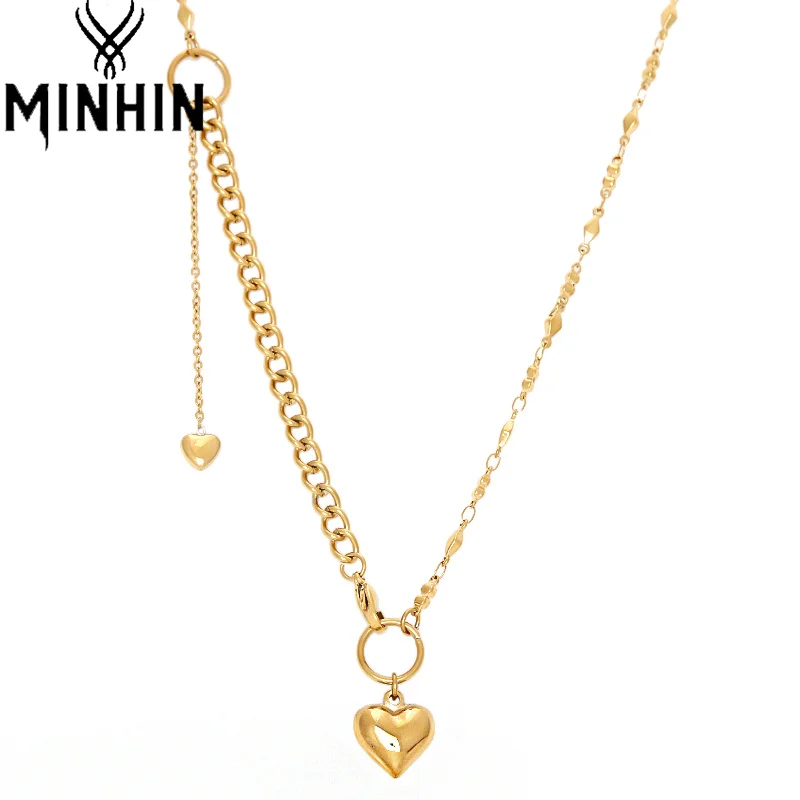 

MINHIN Dangle Necklace Chain Geometric Heart Necklaces for Women Round Circle Tassel Choker Gold Color Stainless Steel Pendant