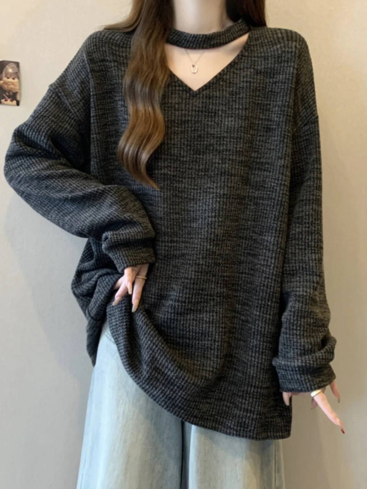 Plus Size Plus size women clothing Idle Sle High-Grade Sense Hanging Neck Long sleeve Knit Women's Autumn and Winter Chubby G...